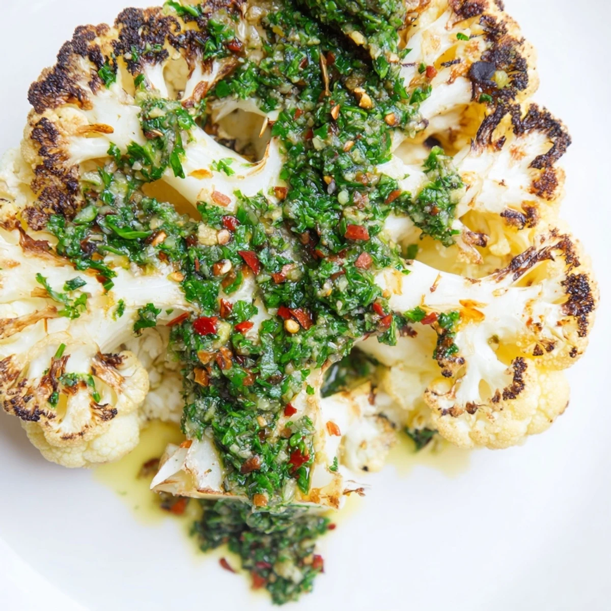 Saftige Roasted Cauliflower Steaks, üppig mit kräftiger Chimichurri-Sauce beträufelt und garniert.