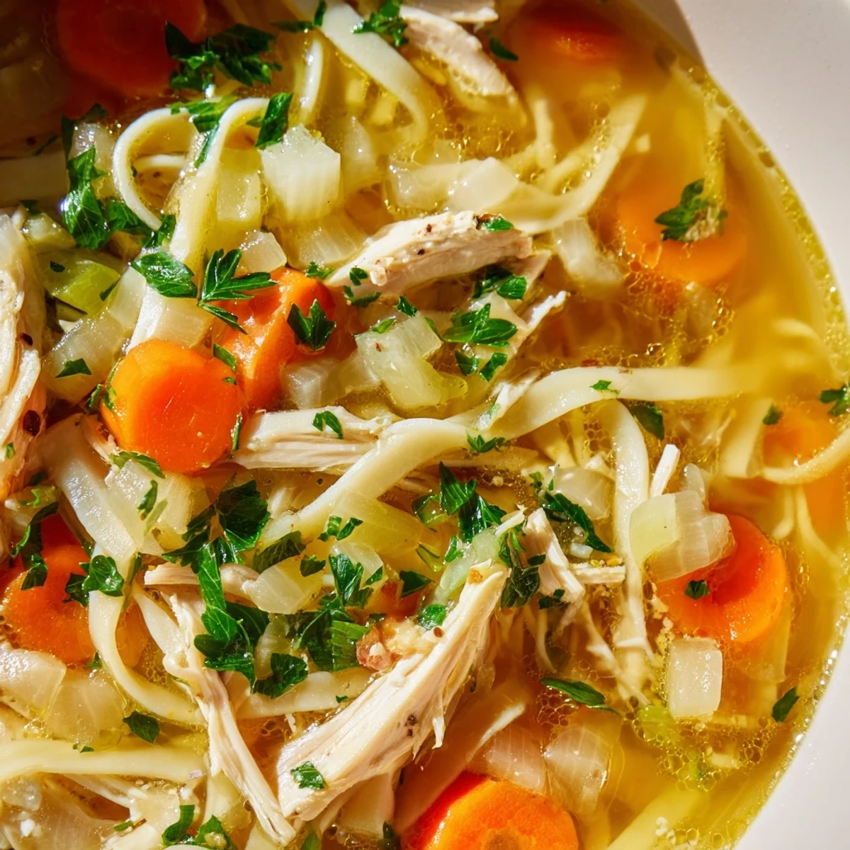 Heiße Chicken Noodle Soup mit selbstgemachten Nudeln dampft in einer Schüssel, serviert mit frischer Petersilie und saftigen Hühnerfleisch-Stücken.