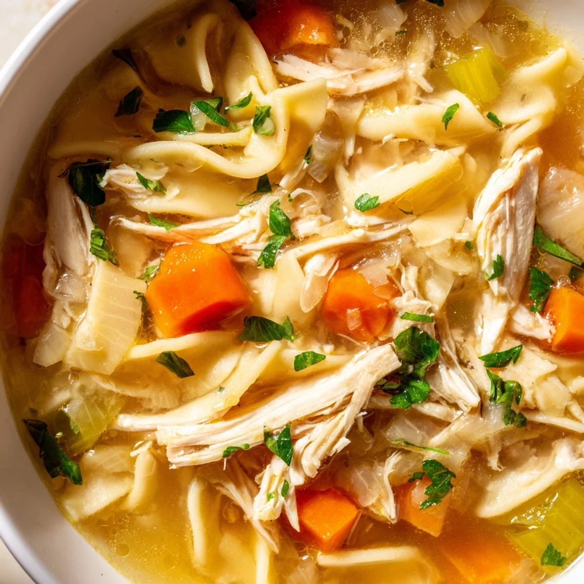 Tröstliche Chicken Noodle Soup, zartes Hühnerfleisch und selbstgemachte Nudeln in einer kräftigen Brühe, angerichtet in einer tiefen Schüssel.