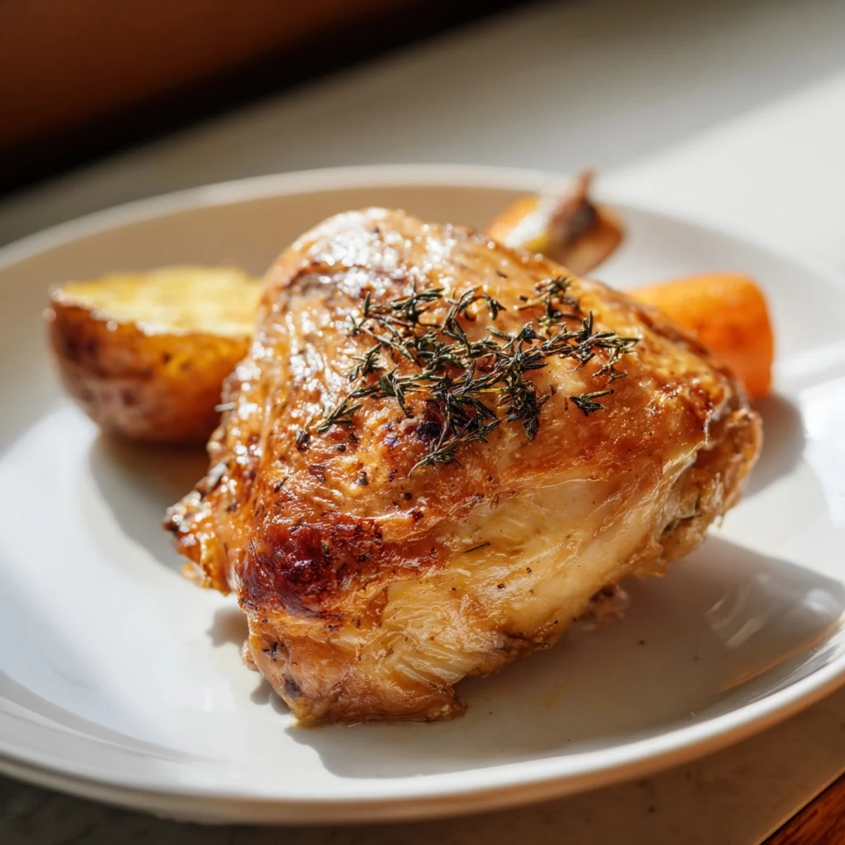 Roasted golden Chicken Dinner Roast with juicy slices and herb garnish on a rustic platter.