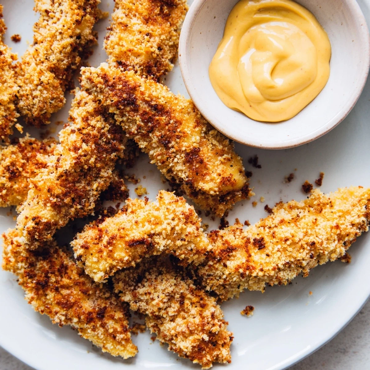 Goldene, knusprige Crispy Baked Chicken Tenders aus dem Ofen mit hausgemachtem süß-scharfem Honig-Senf-Dip auf einem Teller.