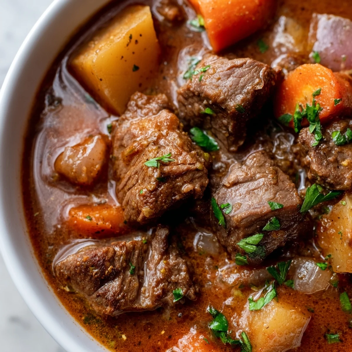 Slow Cooker Beef Stew with Potatoes and Carrots simmered in a rich broth, featuring tender beef chunks and soft vegetables in a bowl.