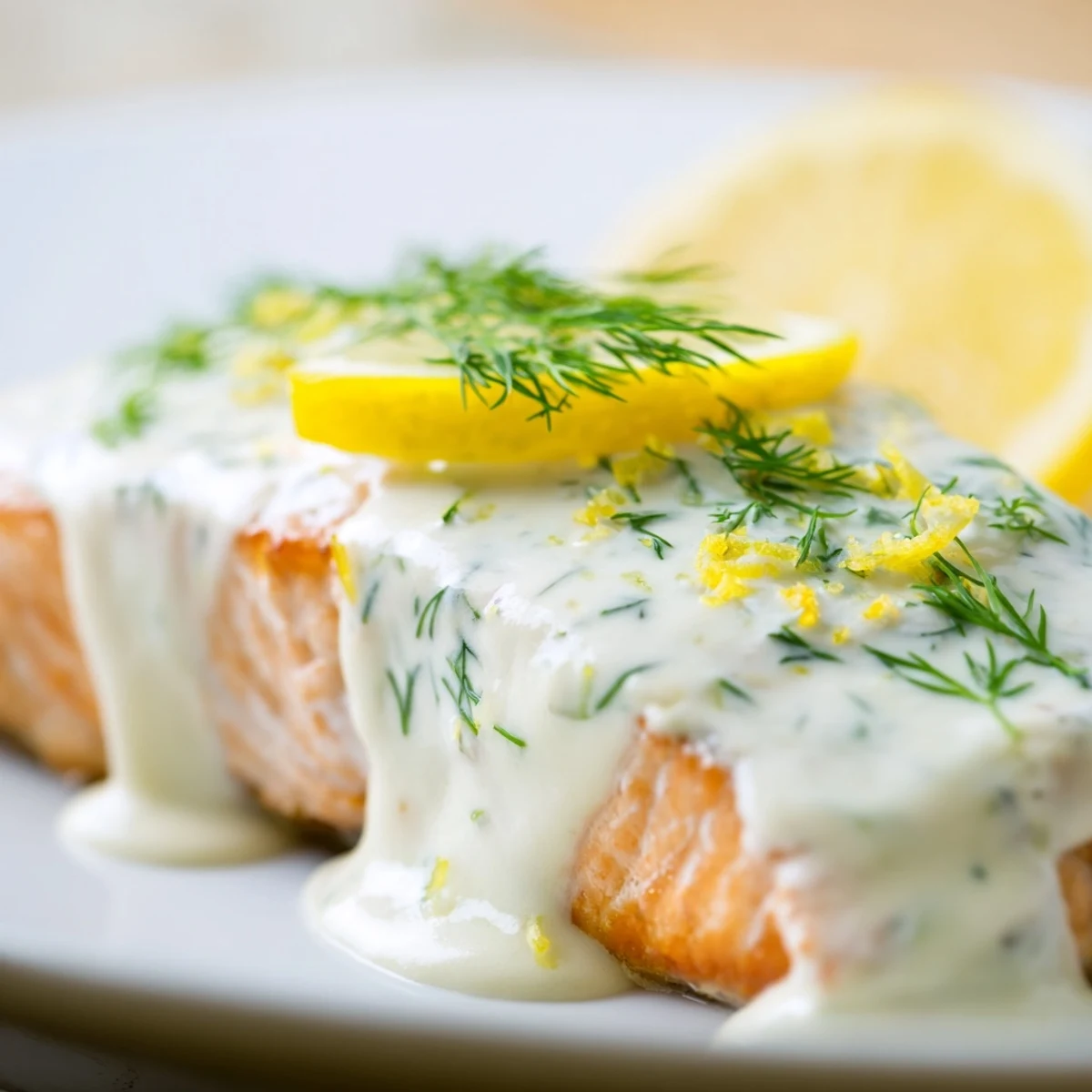 Saftige Lachsfilets mit Baked Salmon with Creamy Dill and Lemon Sauce, serviert neben grünen Spargelstangen auf rustikalem Teller