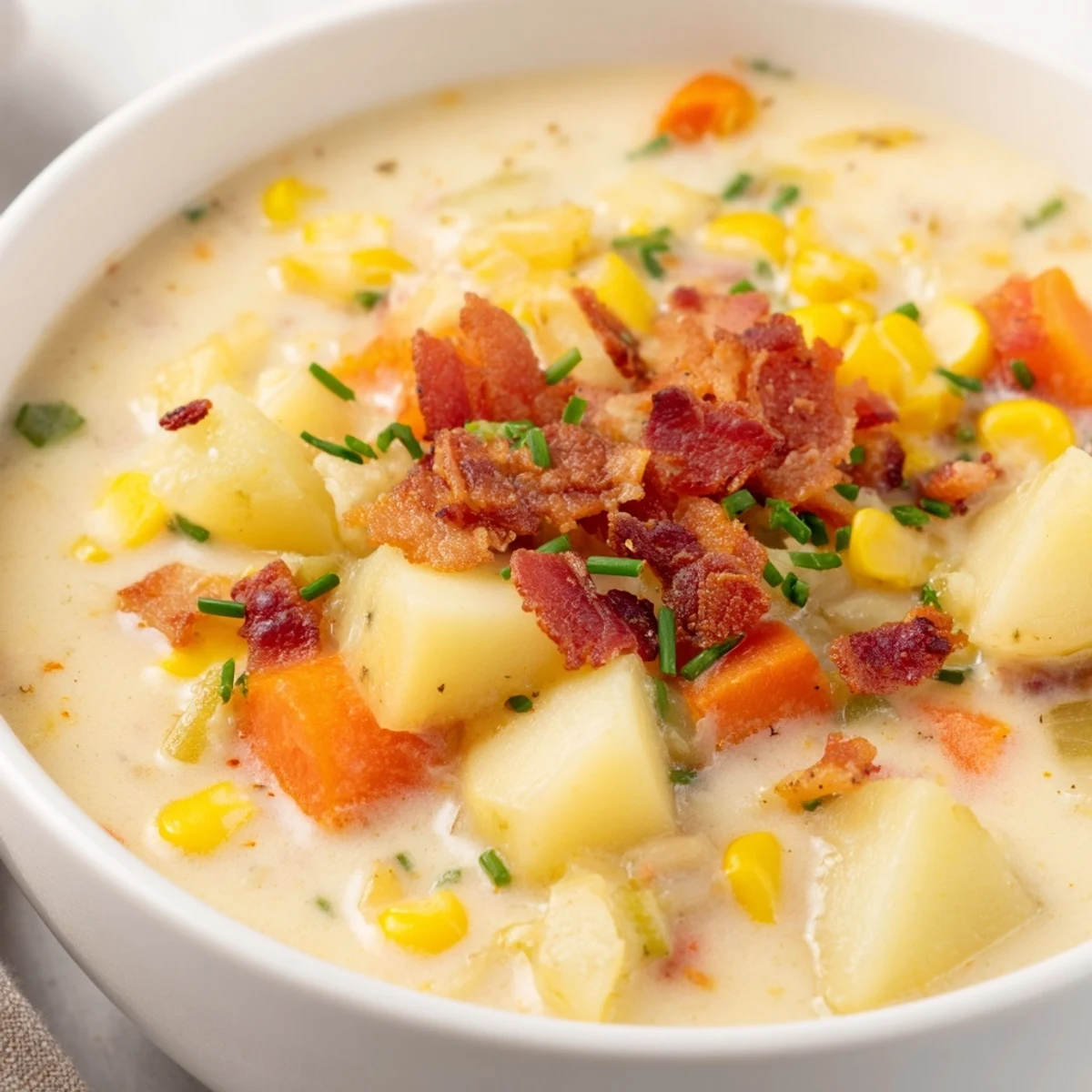 Creamy Corn Chowder with Crispy Turkey Bacon served steaming hot in a rustic bowl topped with fresh chives.