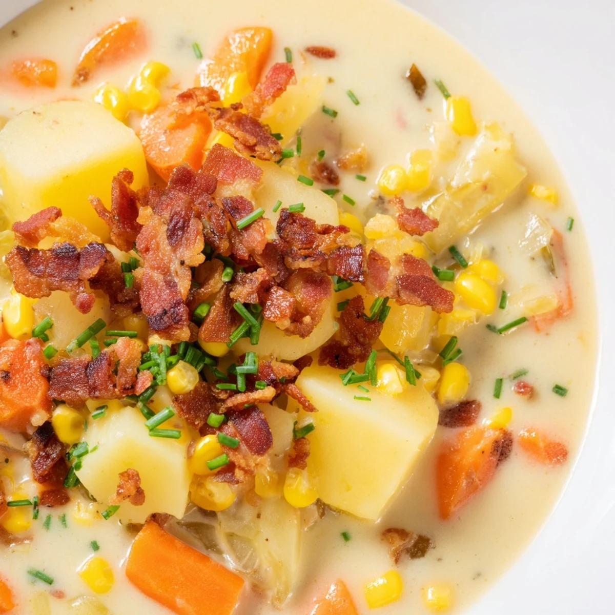 Hearty Creamy Corn Chowder with Crispy Turkey Bacon ladled from a Dutch oven alongside crusty artisan bread.