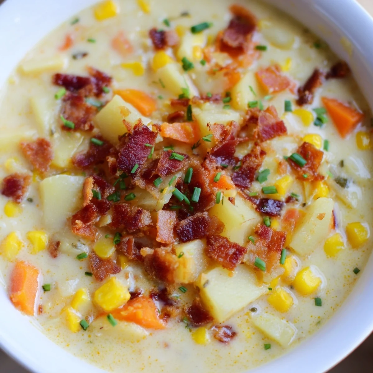 Vibrant Creamy Corn Chowder with Crispy Turkey Bacon garnished with chopped scallions, ready for cozy weeknight dinners.