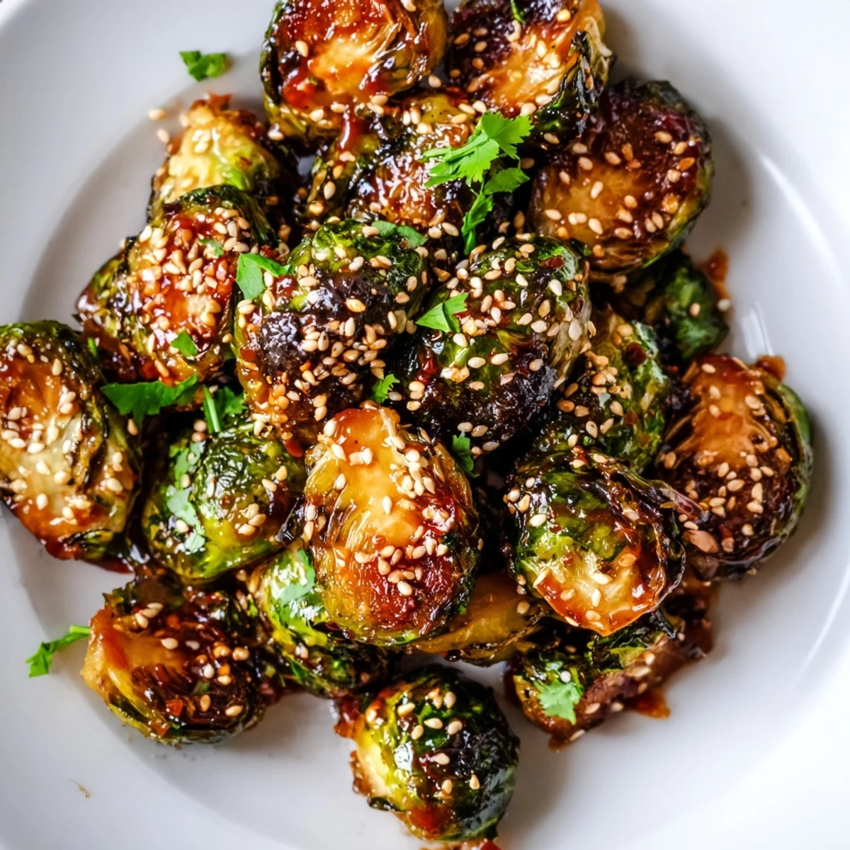 Geröstete Brüsseler Sprouts mit Honig-Sriracha-Glasur, auf einem weißen Teller angerichtet.