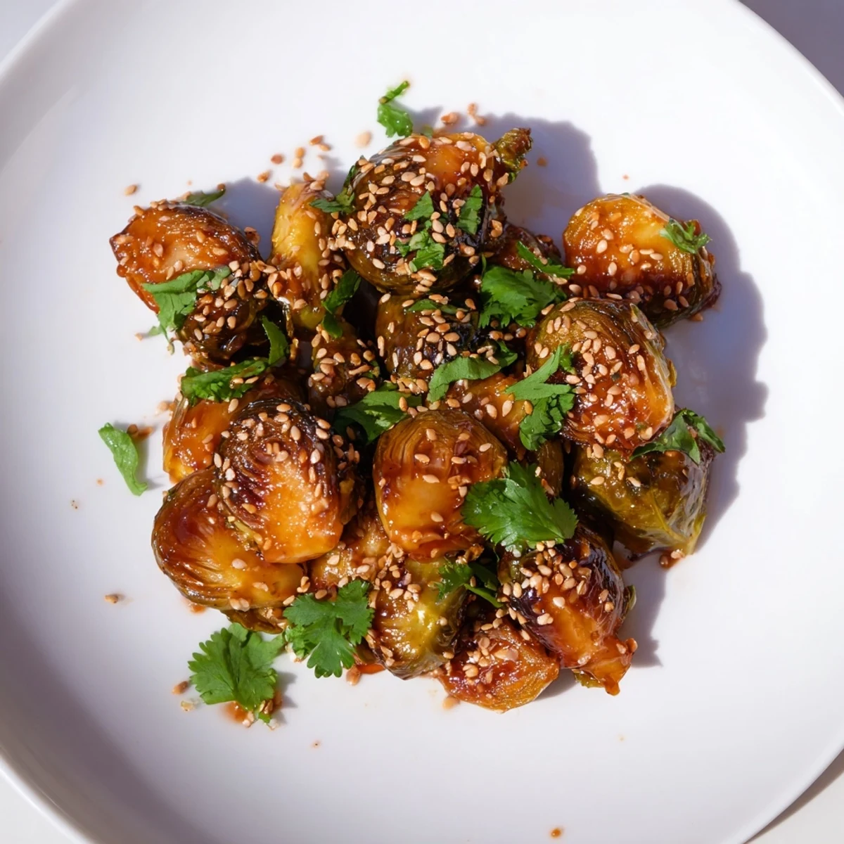 Knusprige, karamellisierte Brüsseler Sprouts mit einer glänzenden, süß-scharfen Glasur.