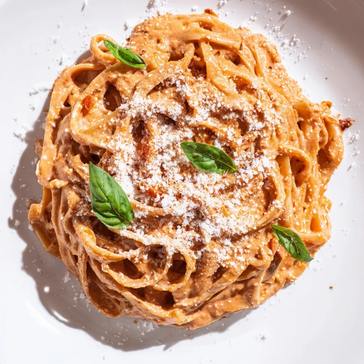 Creamy Tomato Basil Pasta with Grilled Parmesan served in a white bowl next to a glass of red wine