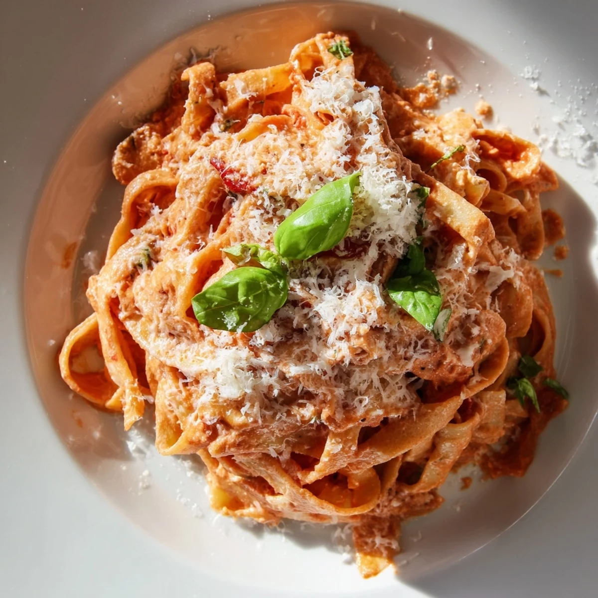 Creamy Tomato Basil Pasta with Grated Parmesan topped with fresh basil and extra cheese, close-up view