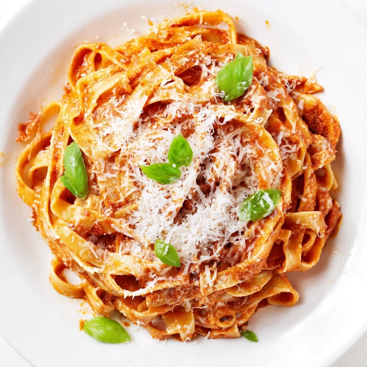 Creamy Tomato Basil Pasta with Grated Parmesan on a fork ready to eat, rustic wooden table setting