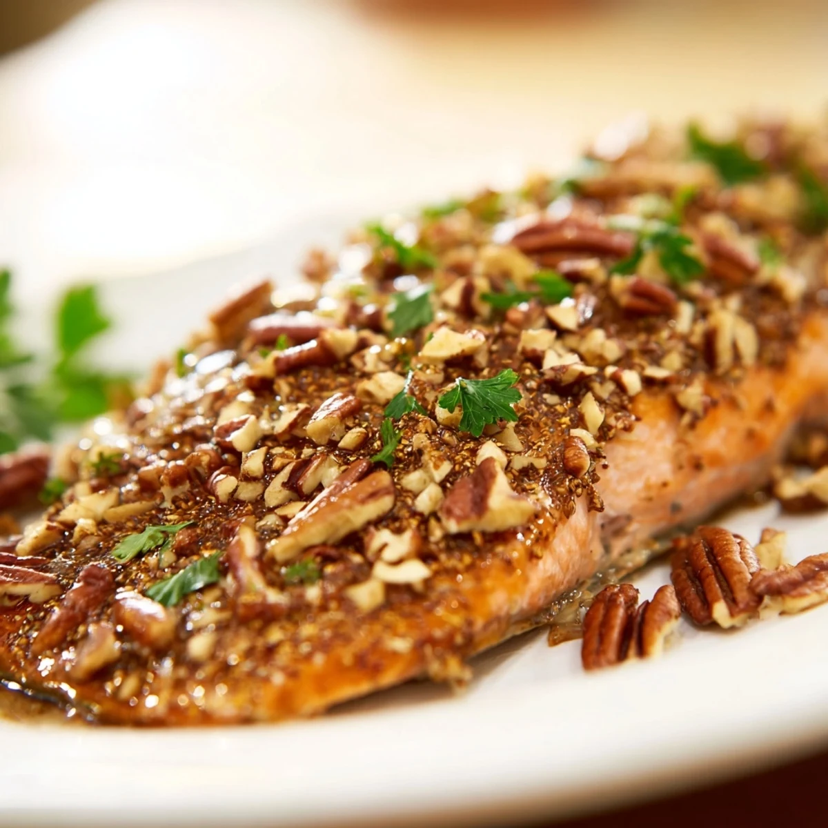Backlachs mit Ahornsirup-Glasur und gerösteten Pekannüssen, goldbraun gebacken und knusprig bestreut.