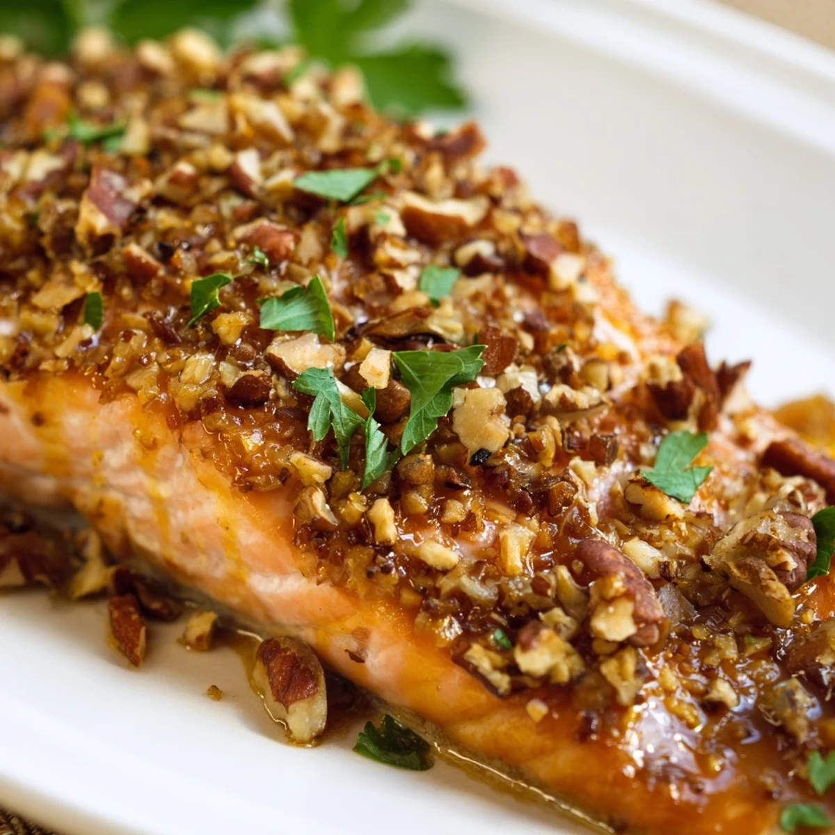 Geröstete Pekannüsse auf zarter Lachsfilet-Scheibe mit glasierter Oberfläche und frischer Kräutergarnitur.
