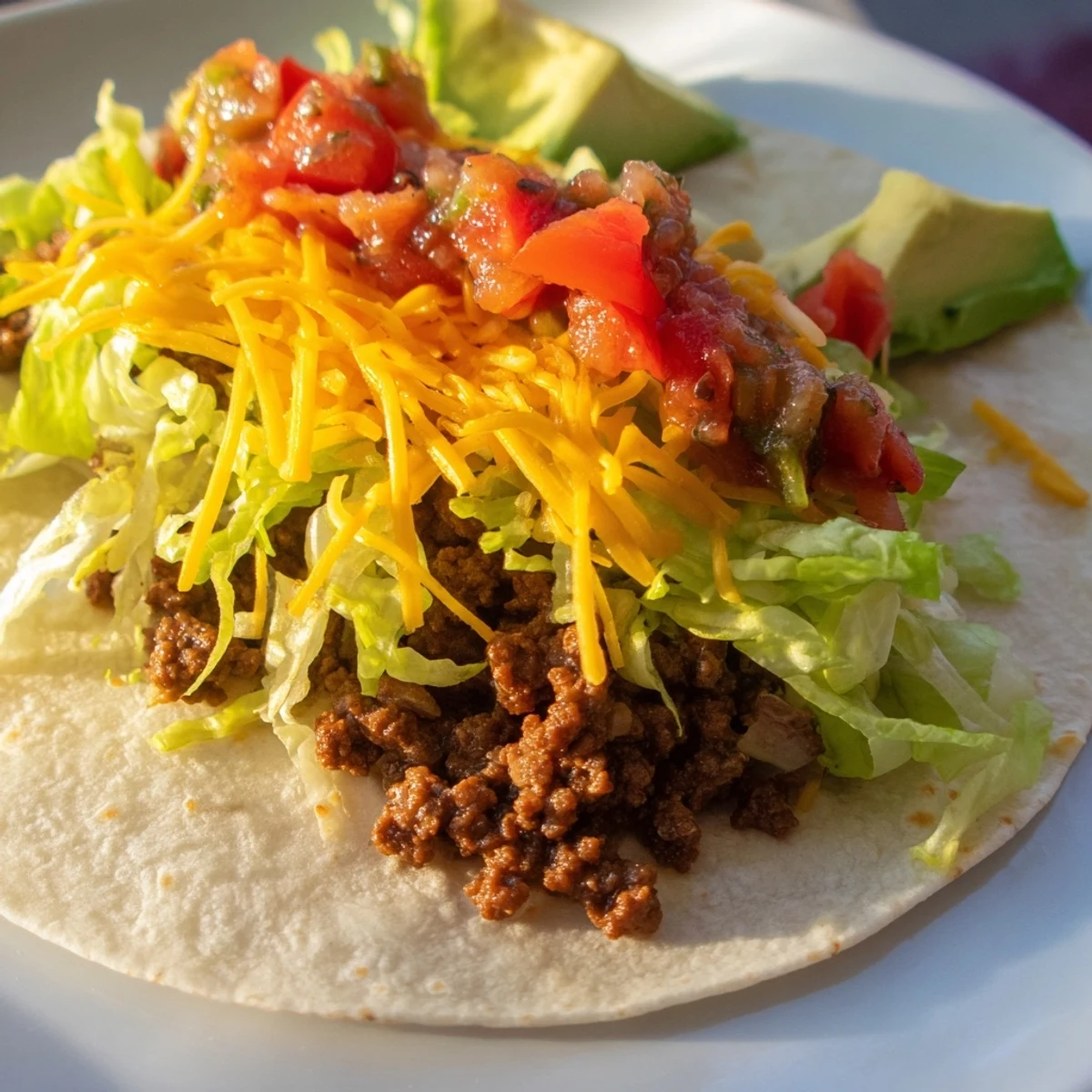 Soft flour tortillas filled with savory beef, crisp lettuce, and vibrant homemade salsa for Beef Tacos.