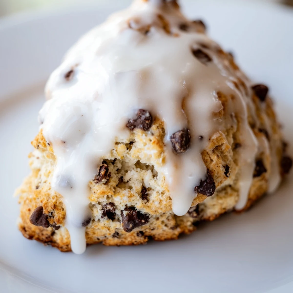 Golden brown Chocolate Chip Scones with Sweet Vanilla Glaze on a rustic table, topped with shiny vanilla drizzle