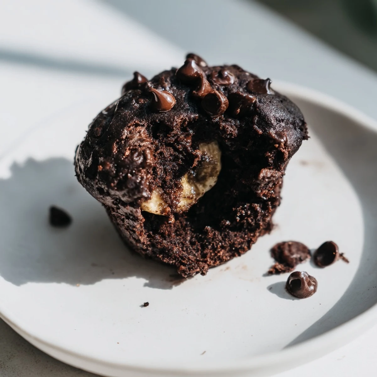 Frisch gebackene Schokoladen-Bananen-Muffins mit geschmolzenen Schokostückchen auf der Oberfläche, serviert auf einer Holzplatte.  