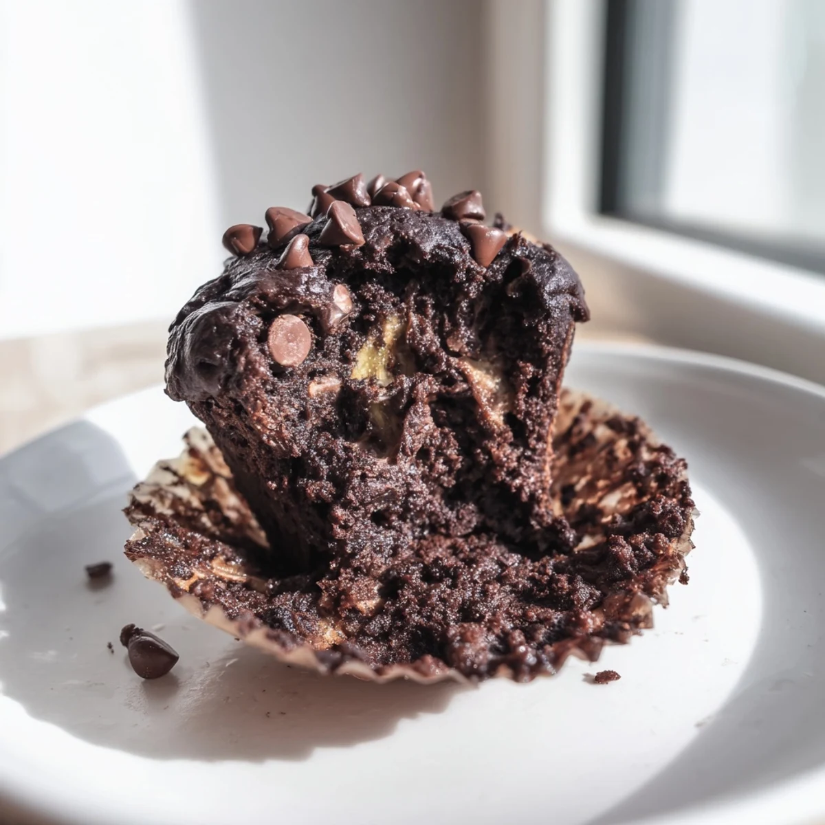 Eine muffinförmige Schokoladen-Bananen-Muffins mit feuchter Krume und wackeliger Bananen-Note, bereit zum Frühstück.  