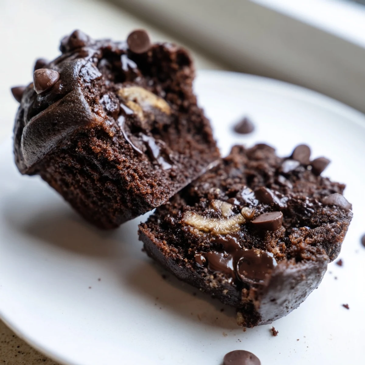 Goldschwarze Schokoladen-Bananen-Muffins mit glänzender Schokoladenglasur, dazwischen ein Stück frischer Pfannkuchen als Deko.