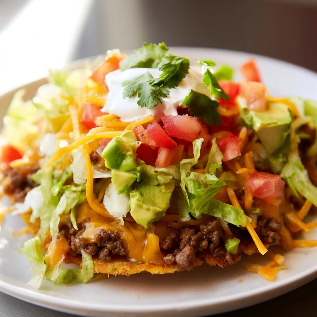 Crispy golden tostadas are loaded with spiced ground beef, fresh lettuce, diced tomatoes, and creamy sour cream.