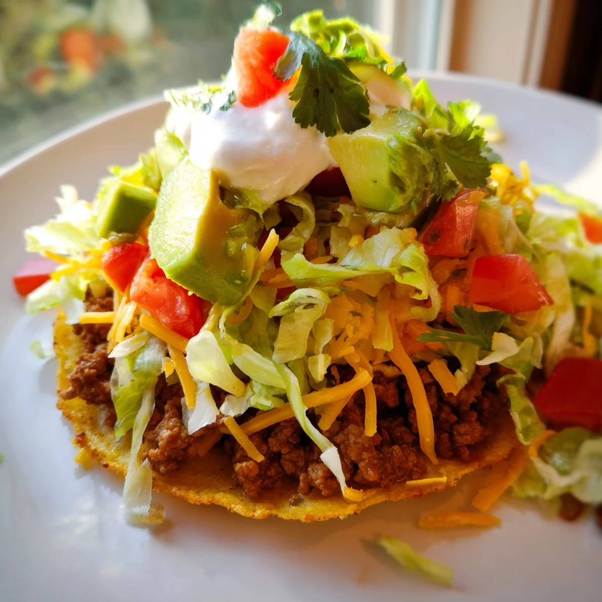 A platter of beef tostadas with avocado slices, cheese, and cilantro rests on a rustic wooden table.
