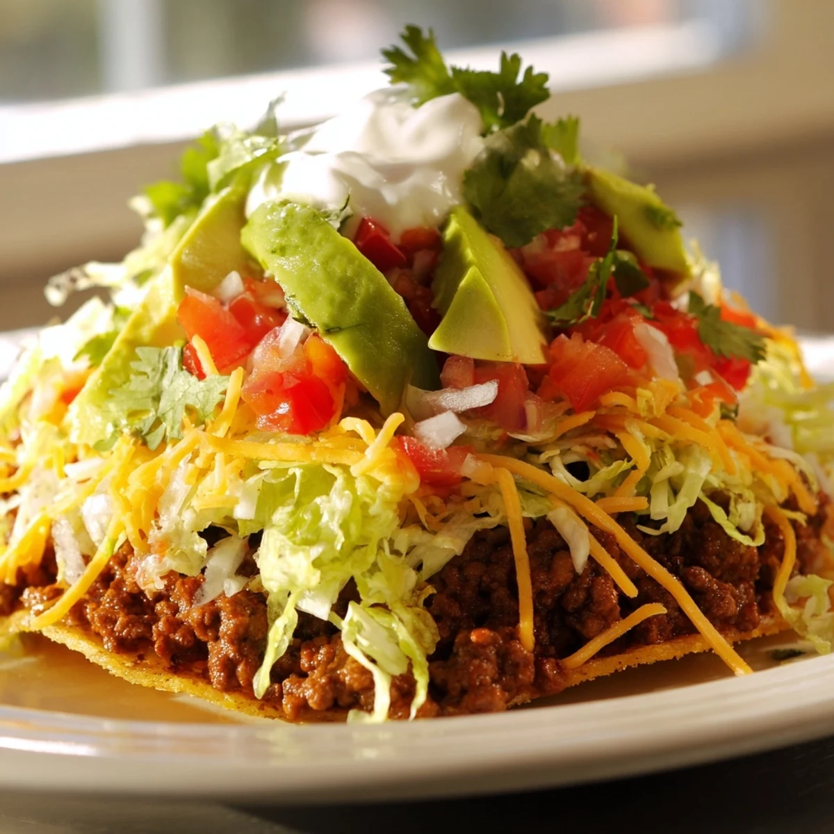 Homemade beef tostadas feature crunchy corn shells topped with seasoned meat, vegetables, and zesty garnishes.