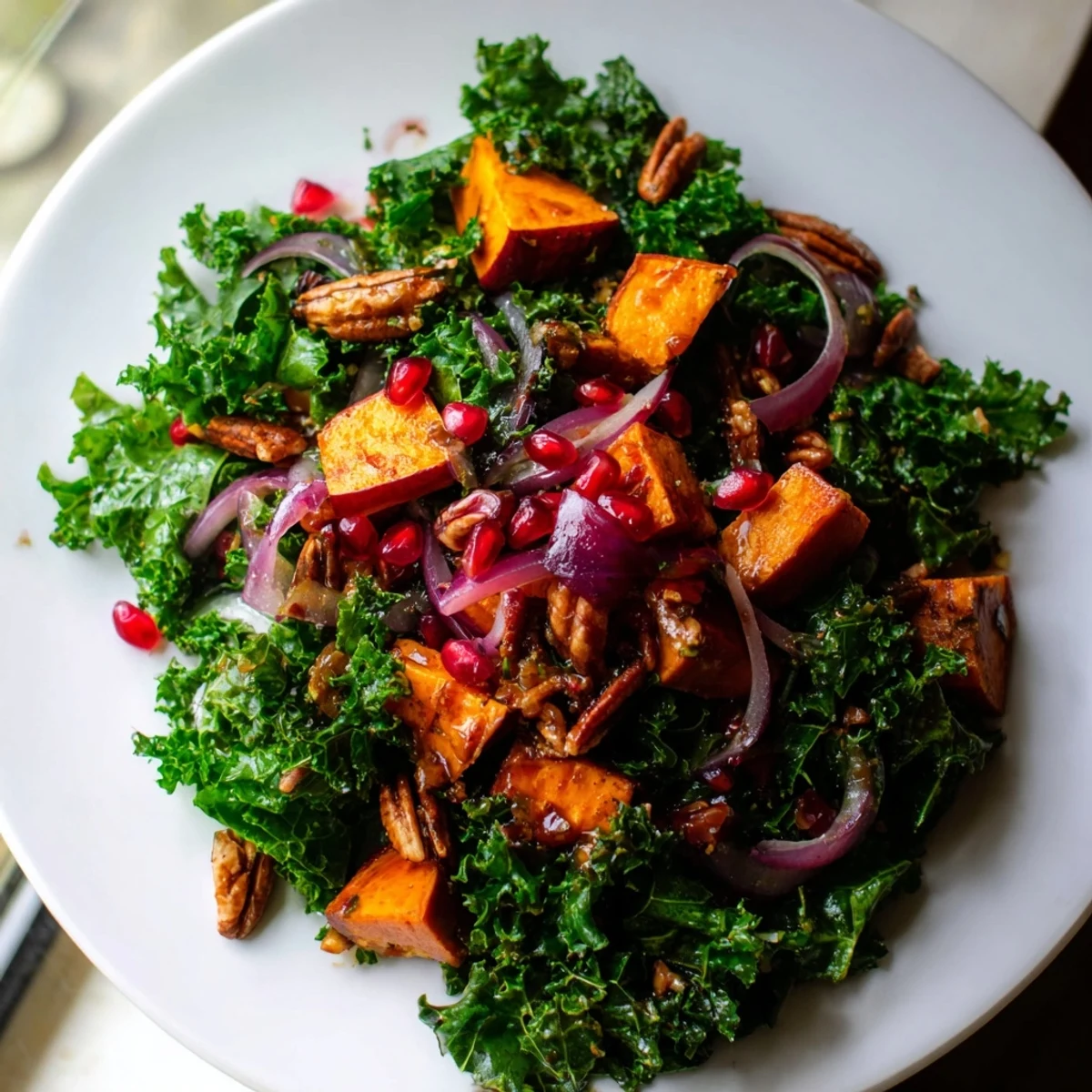 A bowl of fresh Winter Kale Salad topped with crisp apple slices, feta crumbles, and a bright citrus dressing for cold days.