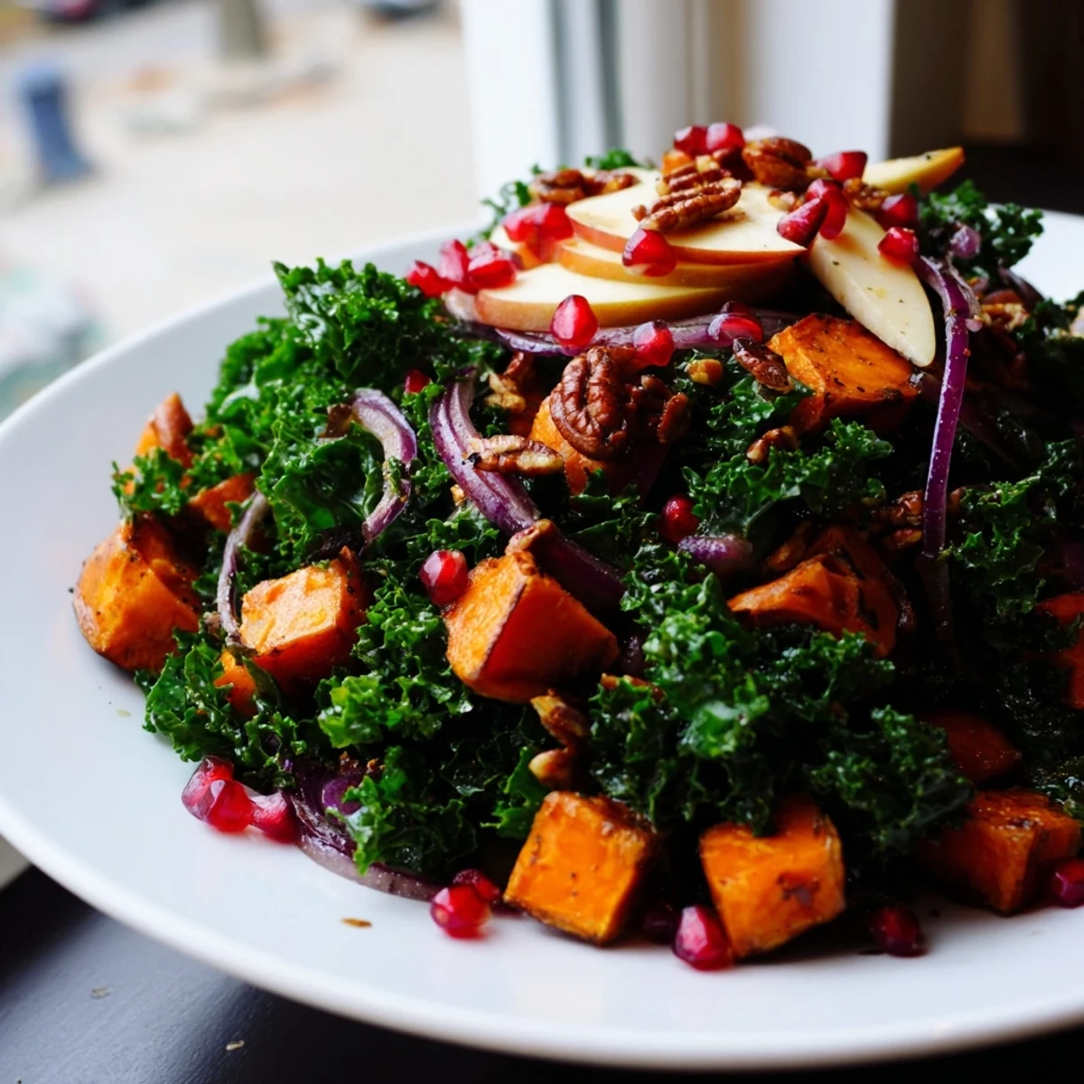 Roasted sweet potato and red onion mingle with massaged kale, pomegranate seeds, and crunchy pecans in this vibrant Winter Kale Salad.