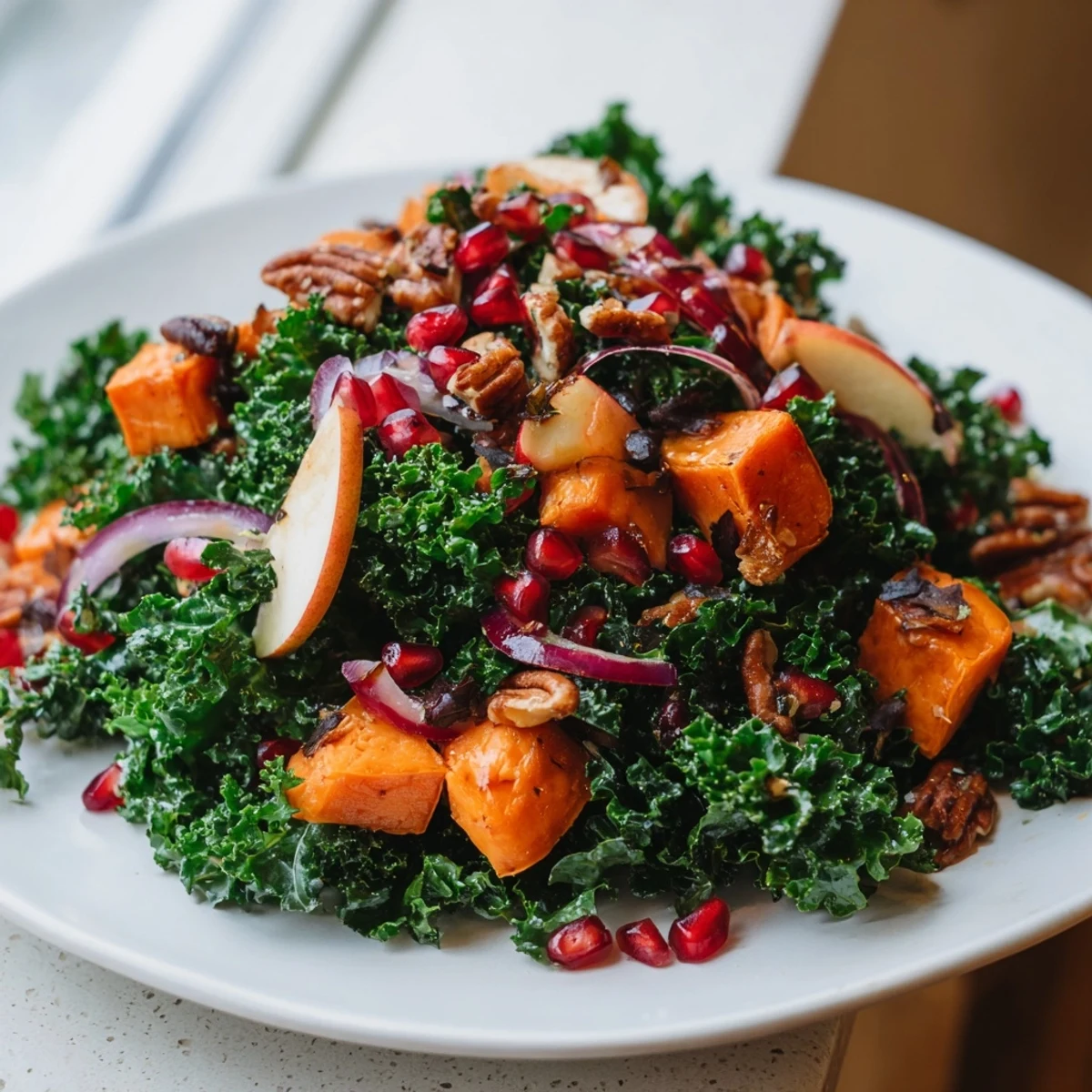 Colorful Winter Kale Salad features hearty greens, roasted vegetables, pomegranate seeds, and toasted pecans dressed in lemon-orange vinaigrette.
