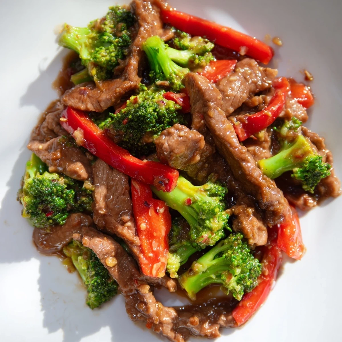 Frischer Spicy Beef Stir Fry mit Brokkoli, serviert mit Jasminreis in einer asiatischen Schüssel.