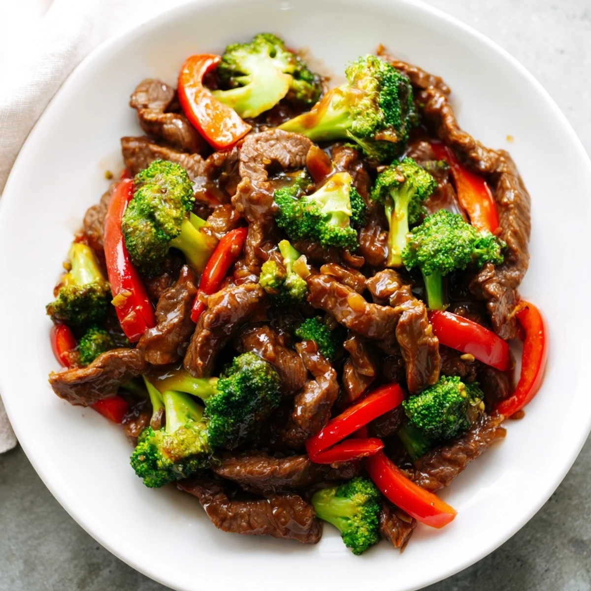 Scharfer Rinder-Stir-Fry mit knackigem Brokkoli, roter Paprika und würziger Sauce im heißen Wok.