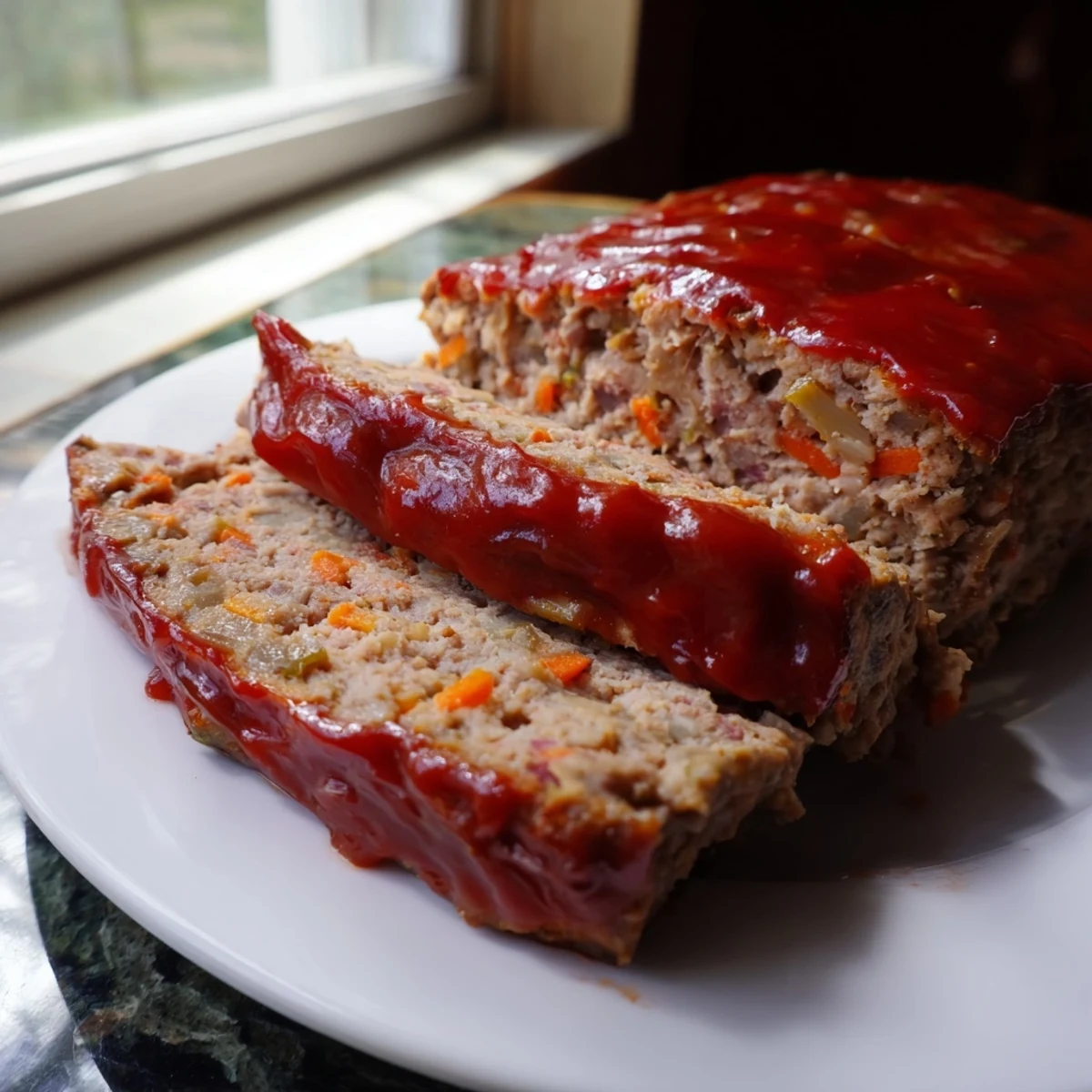 Golden-brown Turkey Meatloaf topped with glossy ketchup glaze, sliced to show the moist, herb-flecked interior and flecks of carrot and red bell pepper.