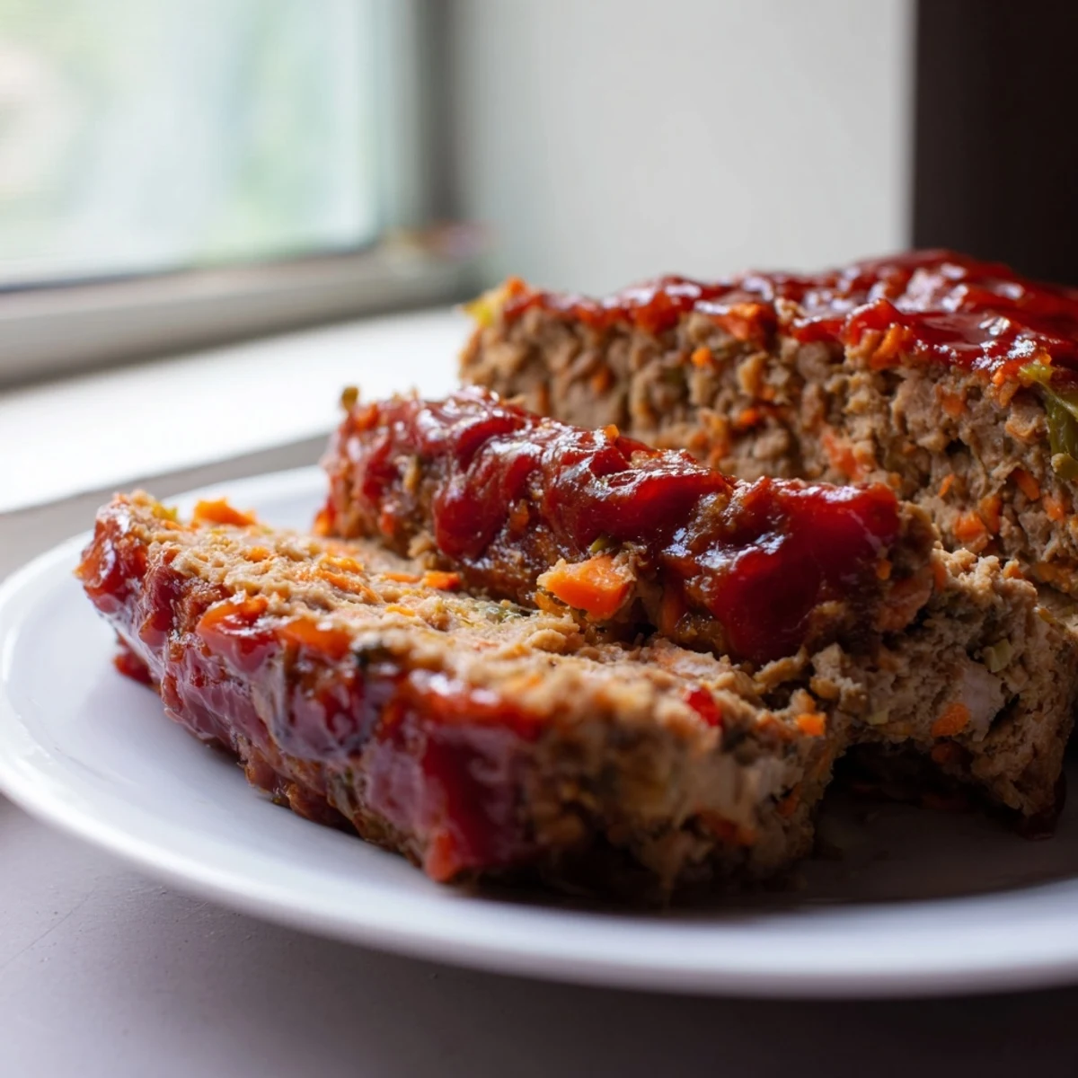 Hearty slice of moist Turkey Meatloaf revealing savory ground turkey, tender vegetables, and herbs on a white plate beside roasted potatoes and green beans.