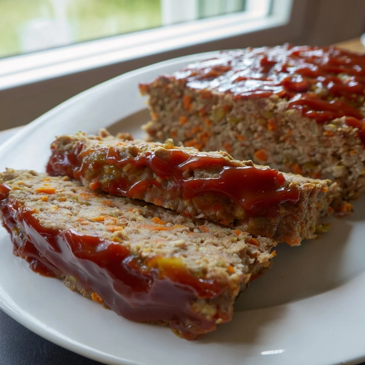 Comforting Turkey Meatloaf fresh from the oven, its caramelized glaze catching the light, resting before slicing for a juicy family dinner.