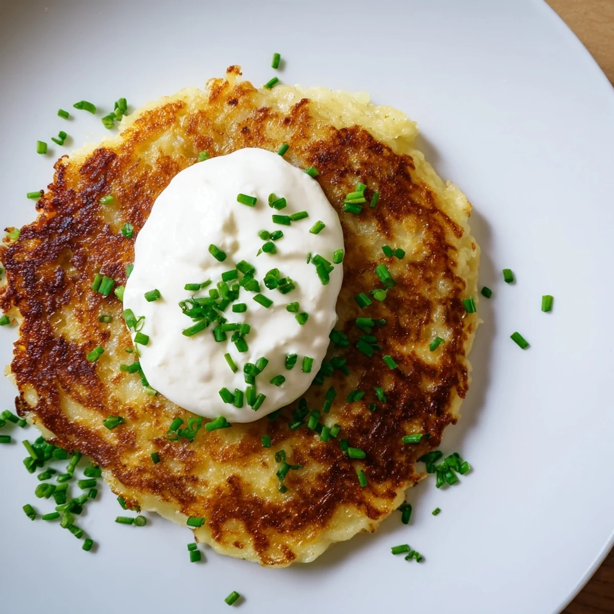 Crisp, golden Irish Boxty Potato Pancakes stacked high, served hot with a dollop of sour cream.