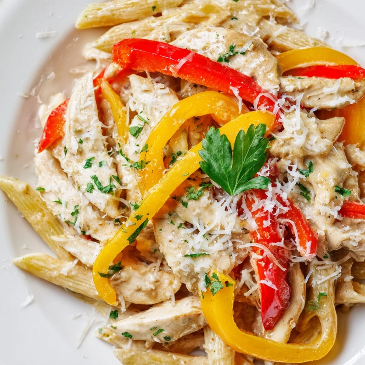 Platter of Cajun Chicken Pasta with Bell Peppers topped with fresh parsley and shaved Parmesan next to a glass of wine.