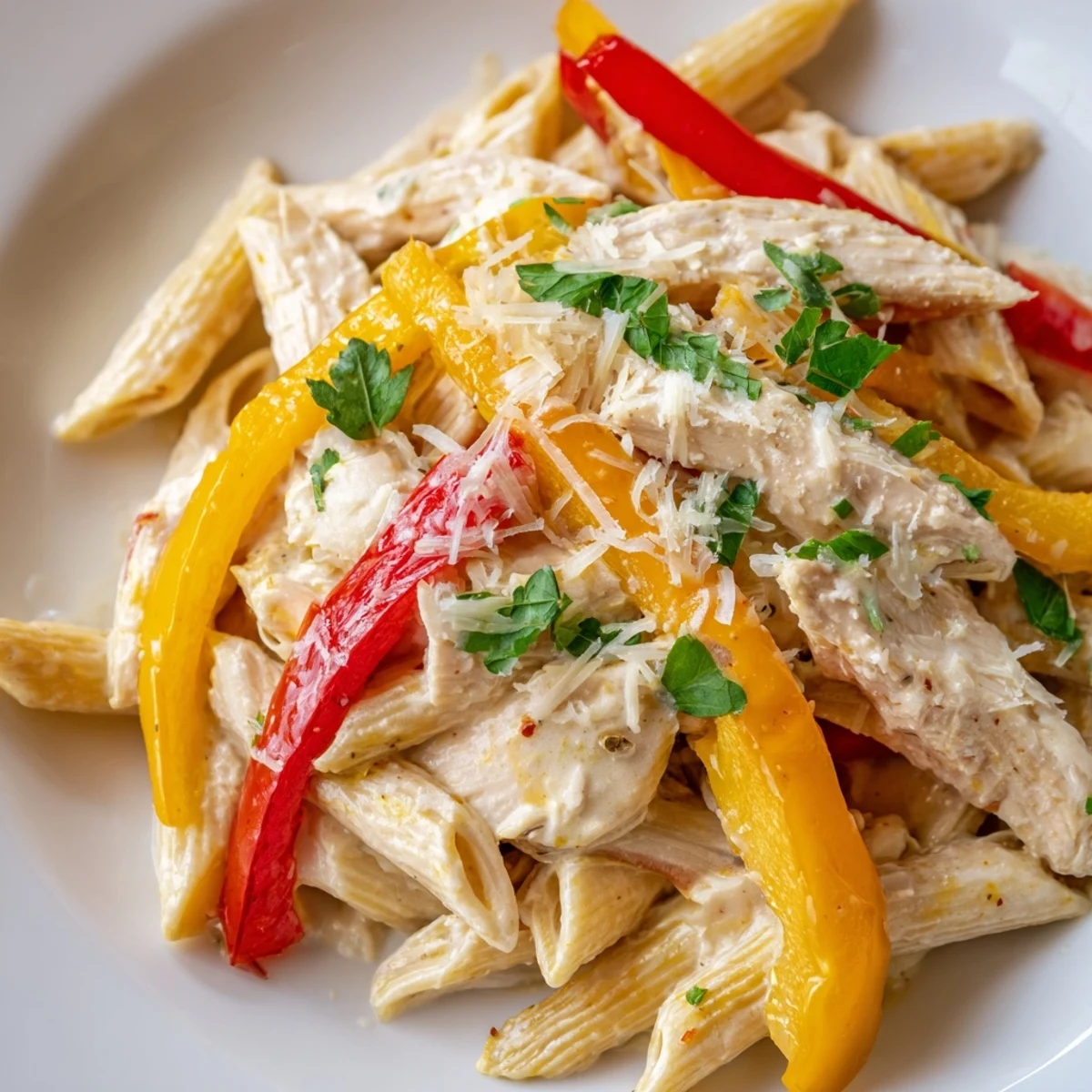 Cajun Chicken Pasta with Bell Peppers served in a white bowl, steam rising from creamy sauce and colorful peppers.