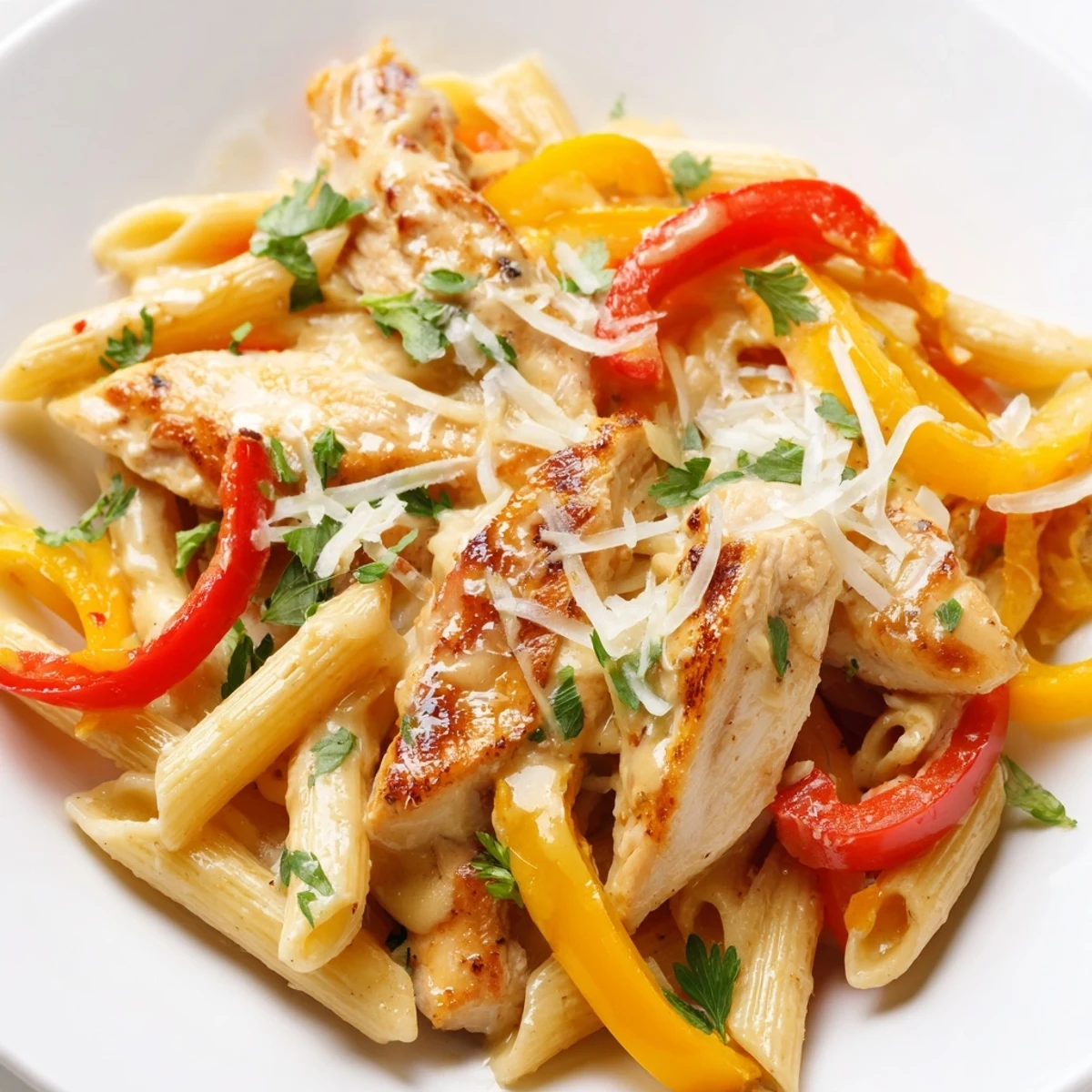 Close-up of Cajun Chicken Pasta with Bell Peppers, al dente noodles coated in creamy sauce and golden seared chicken.