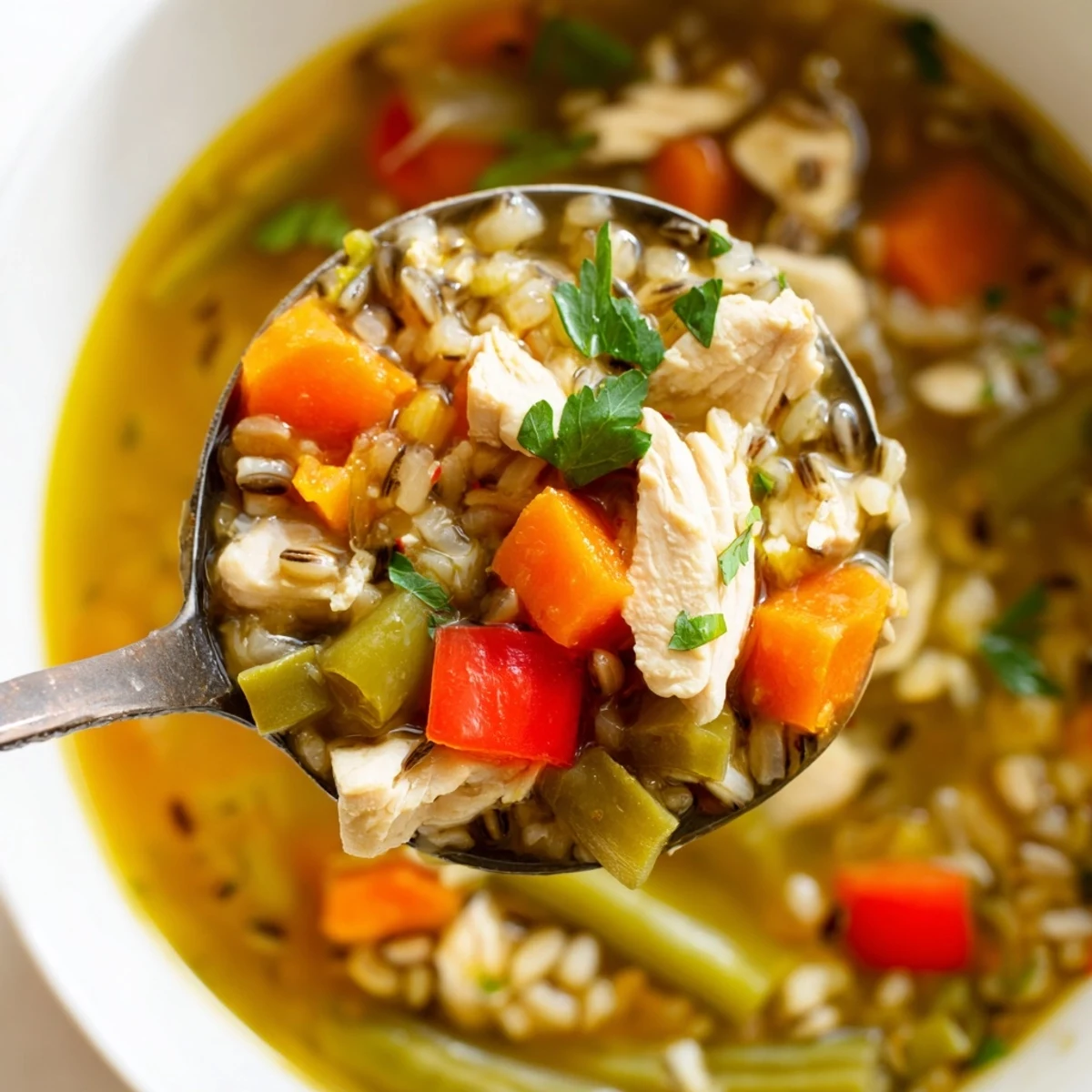 Ein geschmackvolles Chicken Vegetable Soup with Wild Rice, wo weiche Karotten, grüne Bohnen und Zucchini in einer herzhaften Brühe mit Wildreis schwimmen.