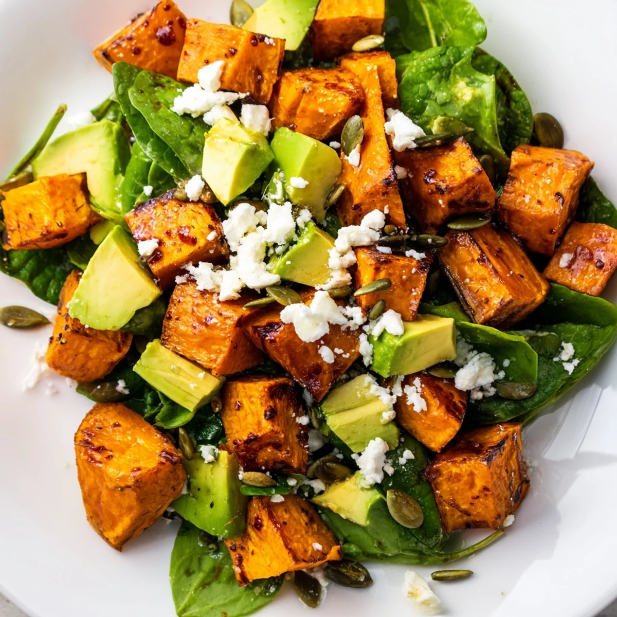 Röstete Süßkartoffel-Salat mit Limettendressing – geröstete goldene Würfel, frische Spinatblätter und cremiger Avocado, verfeinert mit einer zitrischen Vinaigette, ideal für ein gesundes Mittagessen.