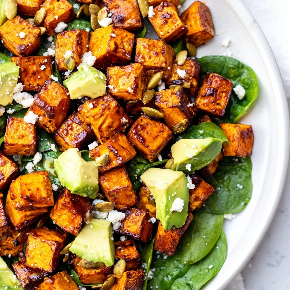 Süße, röstete Süßkartoffel-Salat mit Limettendressing kombiniert weiche, würzige Kartoffelwürfel mit knusprigen Kürbiskernen und einer honiglimettigen Marinade, perfekt für vegetarische Food-Blogs und schnelle Abendessen.