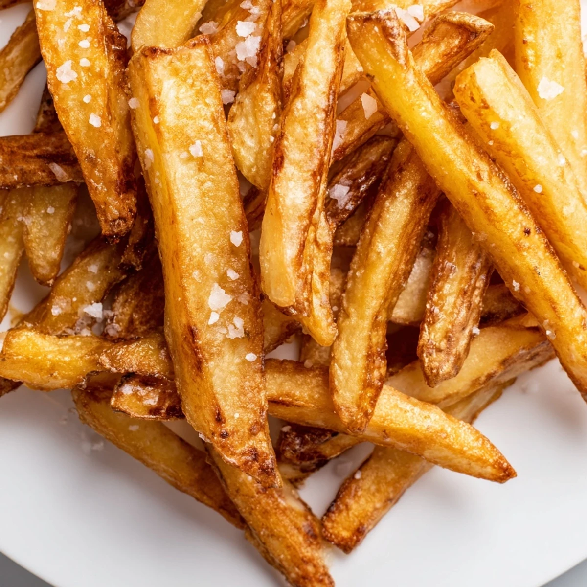 Crispy Air Fryer French Fries mit Meersalz, frisch aus der Heissluftfritteuse und goldbraun gebacken.