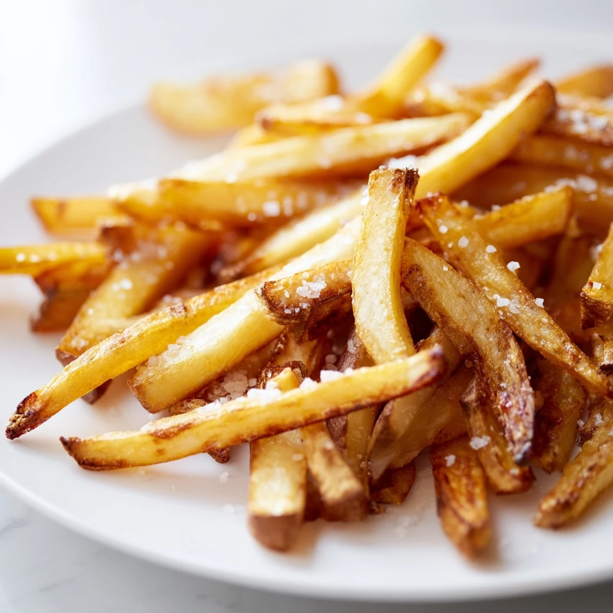 Goldene, knusprige Air Fryer French Fries mit Meersalz auf einem weissen Teller, perfekt für eine gesunde Beilage.