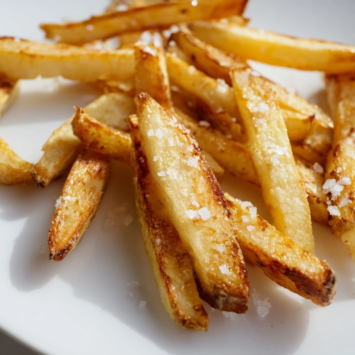 Knusprige French Fries aus der Air Fryer, serviert mit einem Hauch flachem Meersalz für den perfekten Snack.