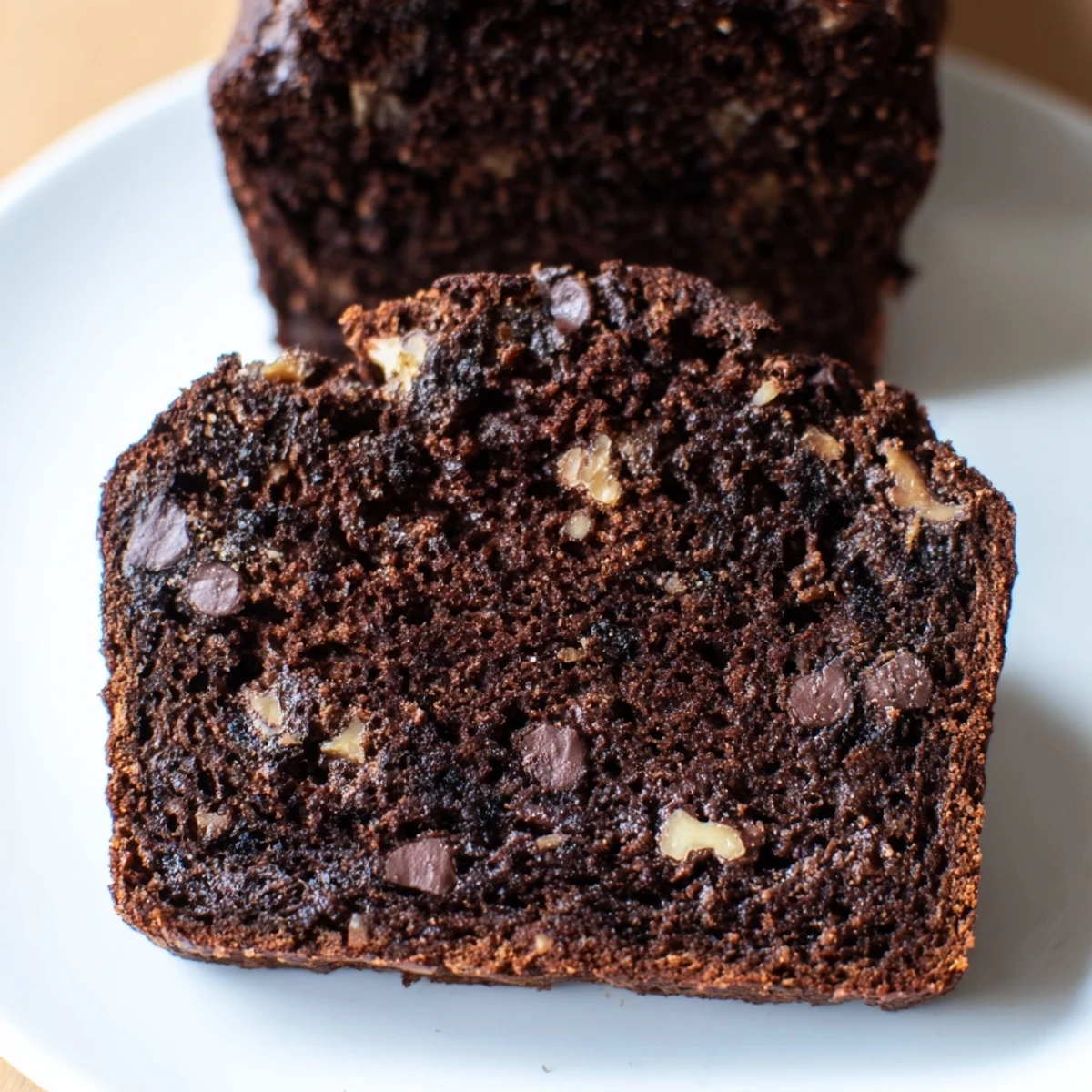 Die saftige Chocolate Banana Bread Slice liegt auf einem hölzernen Brett und zeigt feuchte, dunkle Brotkrume mit geschmolzenen Schokostückchen, perfekt zum Frühstück.