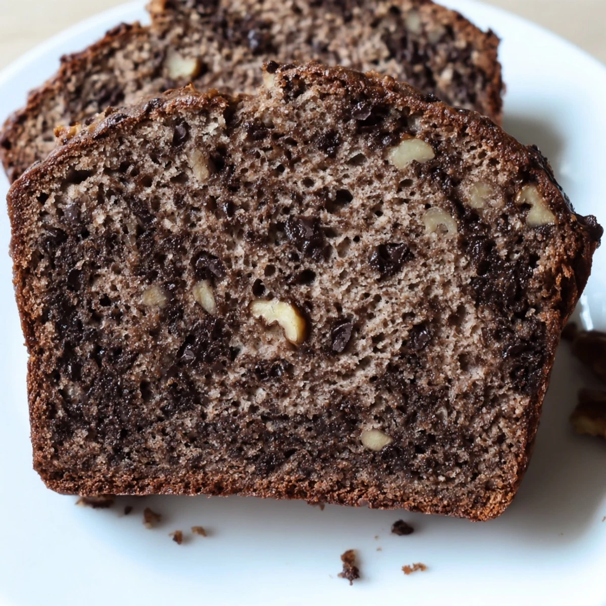 Ein frisch gebackenes Stück Chocolate Banana Bread mit Kakaocrumble-Topping und ein paar Walnüssen, warm und aromatisch serviert.