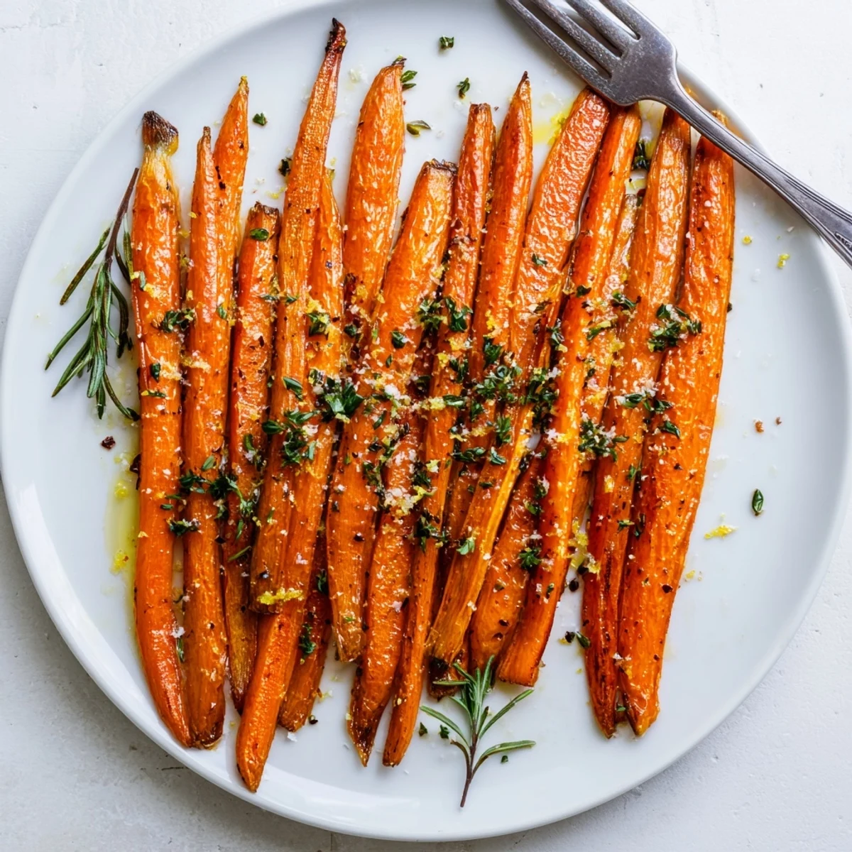 Goldene Karottenstangen mit Rosmarin und Thymian auf einer Platte