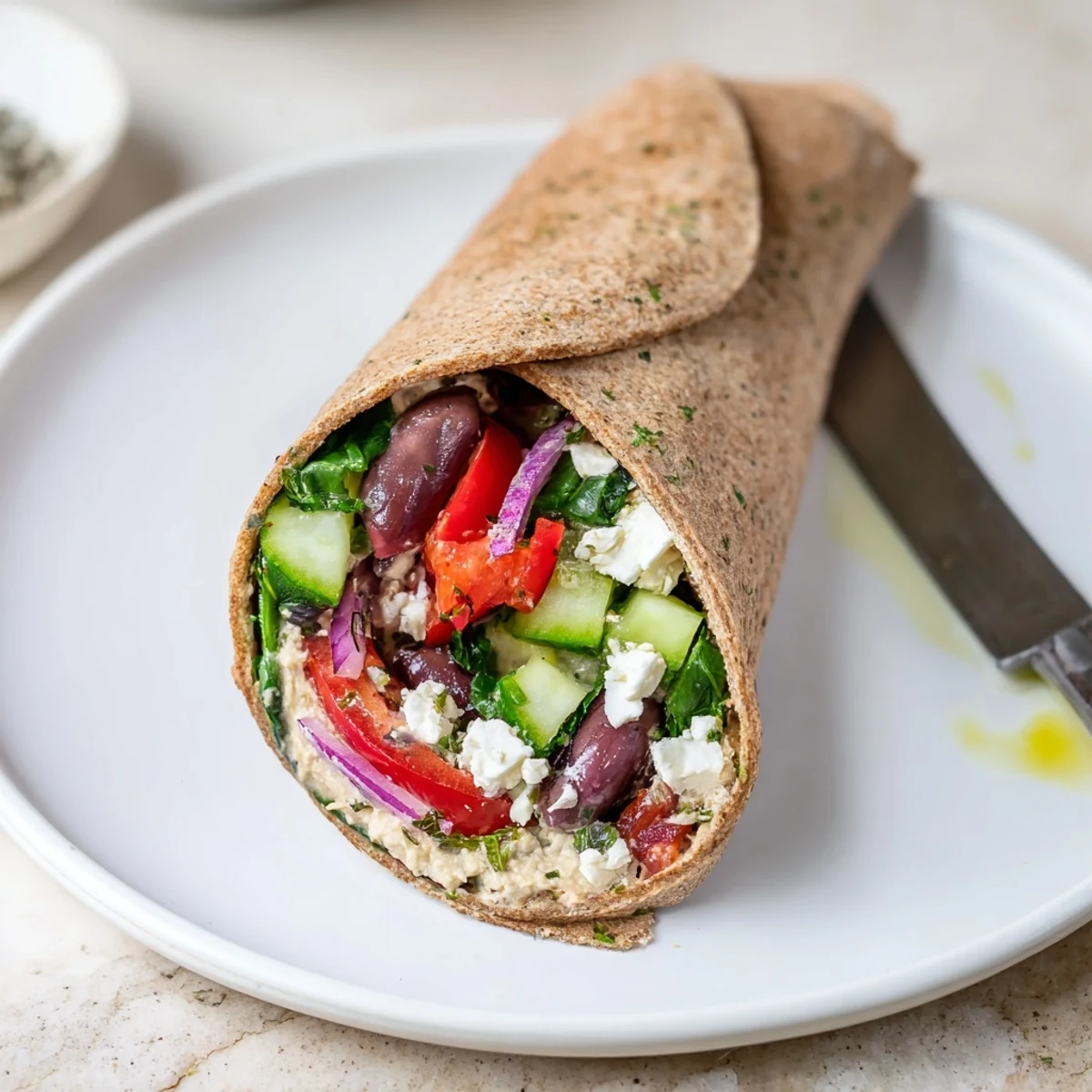 Gehobene Aufnahme eines mediterranen Sandwich-Wraps mit knackigem Gemüse und cremigem Hummus, perfekt für ein gesundes Mittagessen.