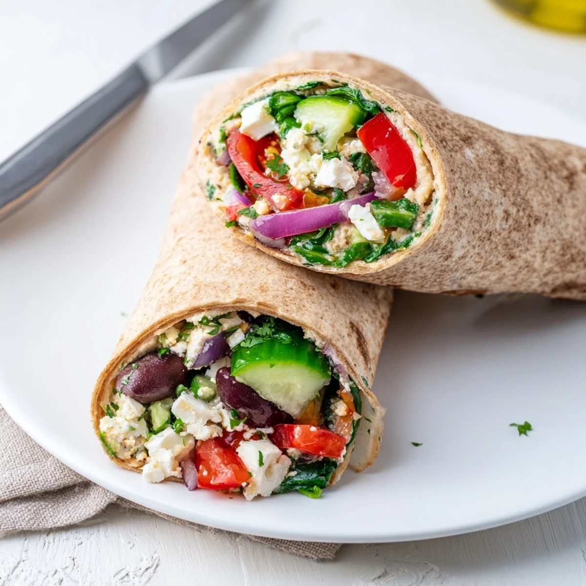 Close-up eines mediterranen Sandwich-Wraps, der eine feine Schicht Hummus und leuchtend rote Paprika zeigt, fertig zum Servieren.