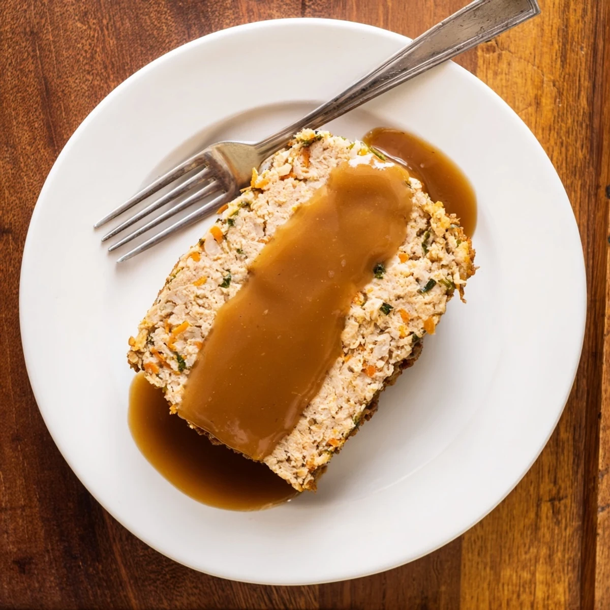 Saftiges Turkey Loaf Slice, goldbraun gebacken, mit reichlicher warmer Grafe beträufelt und frischen Petersilienblättern garniert, perfekt für eine amerikanische Abendmahlzeit.