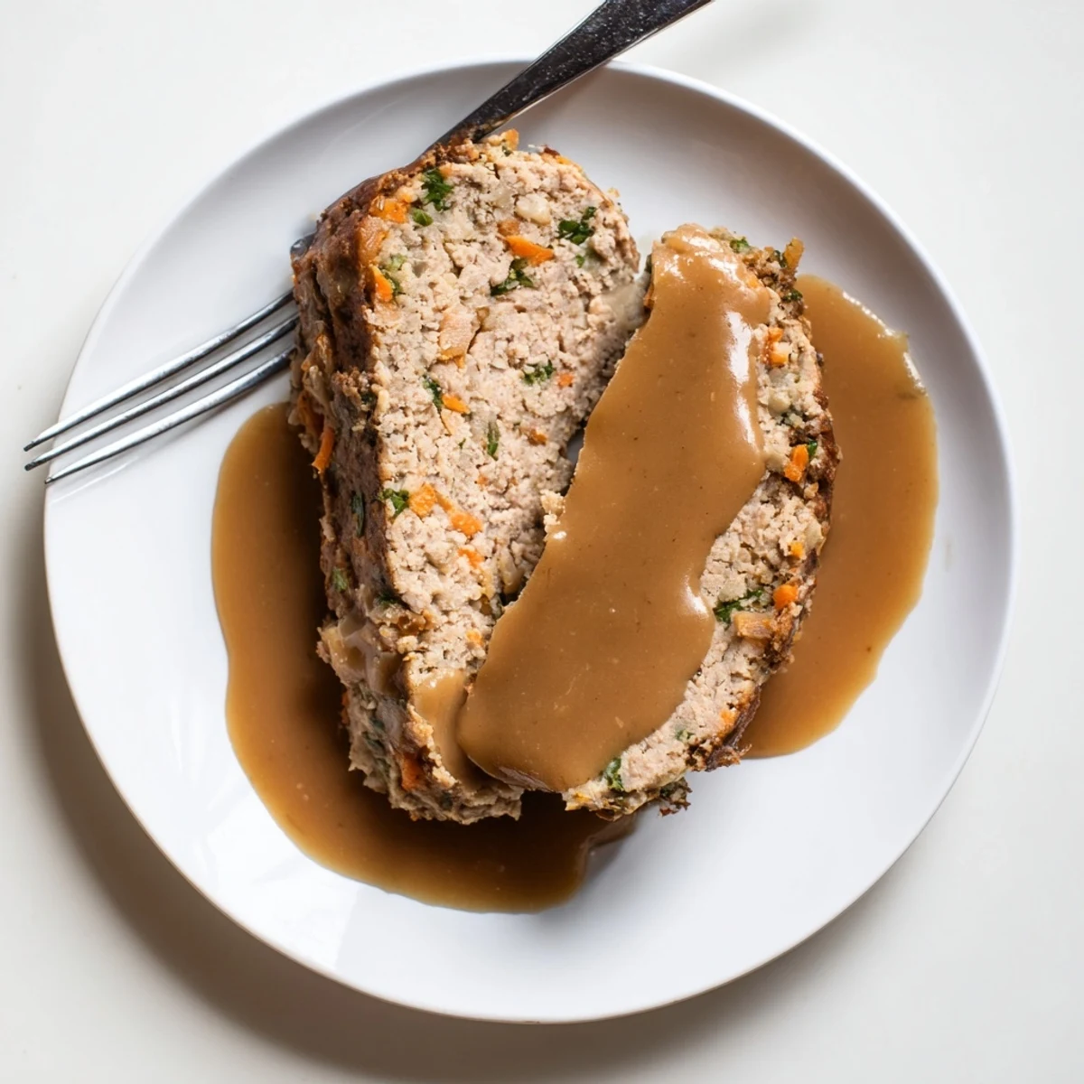 Ein leckeres Turkey Loaf Slice auf rustikalem Holzteller, flankiert von cremigem Püree und gedünsteten Karotten, mit einer Tasse warme Grafe zum Übergießen.